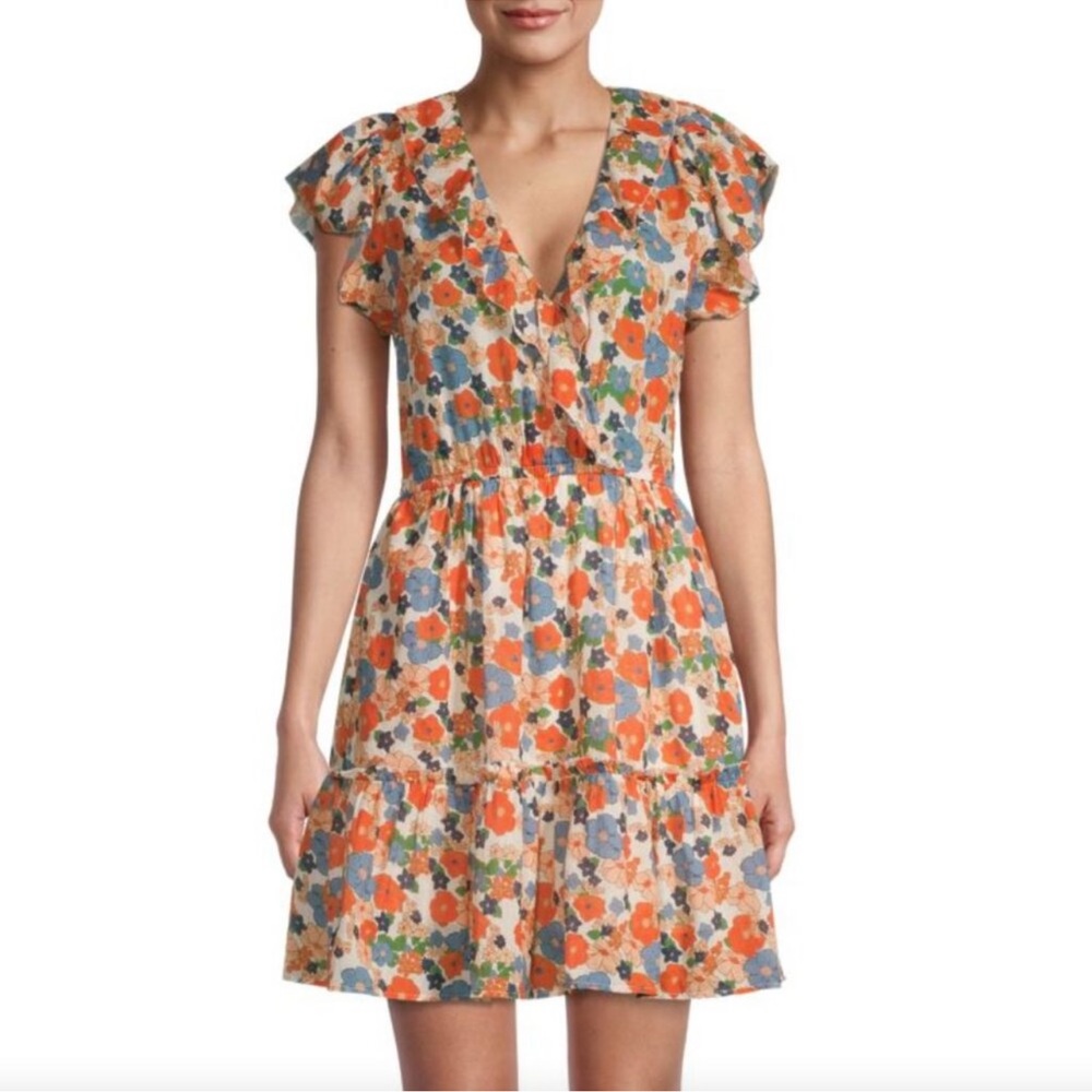 Trovata Birds Of Paradis Orange Blue White "Marcella" V-Neck Floral Mini Dress
